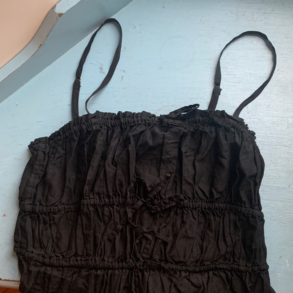 J Crew black ruched spaghetti strap midi dress
